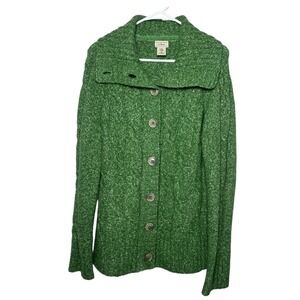 LL Bean Green Wool Blend Cable Knit Cardigan Sweater Button Front Size Medium